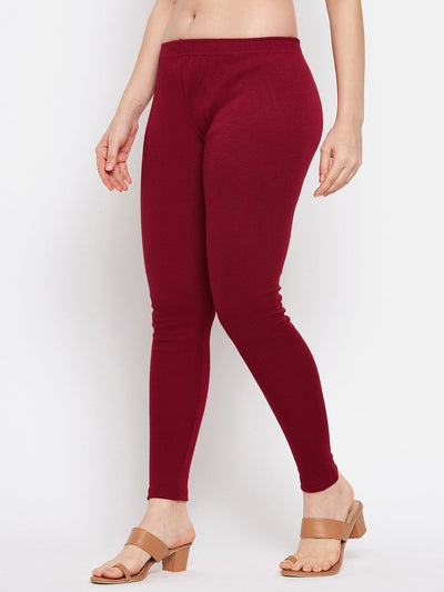 Maroon solid woolen leggings for women with comfortable fit.