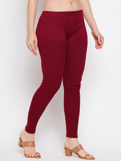 Maroon solid woolen leggings for casual wear