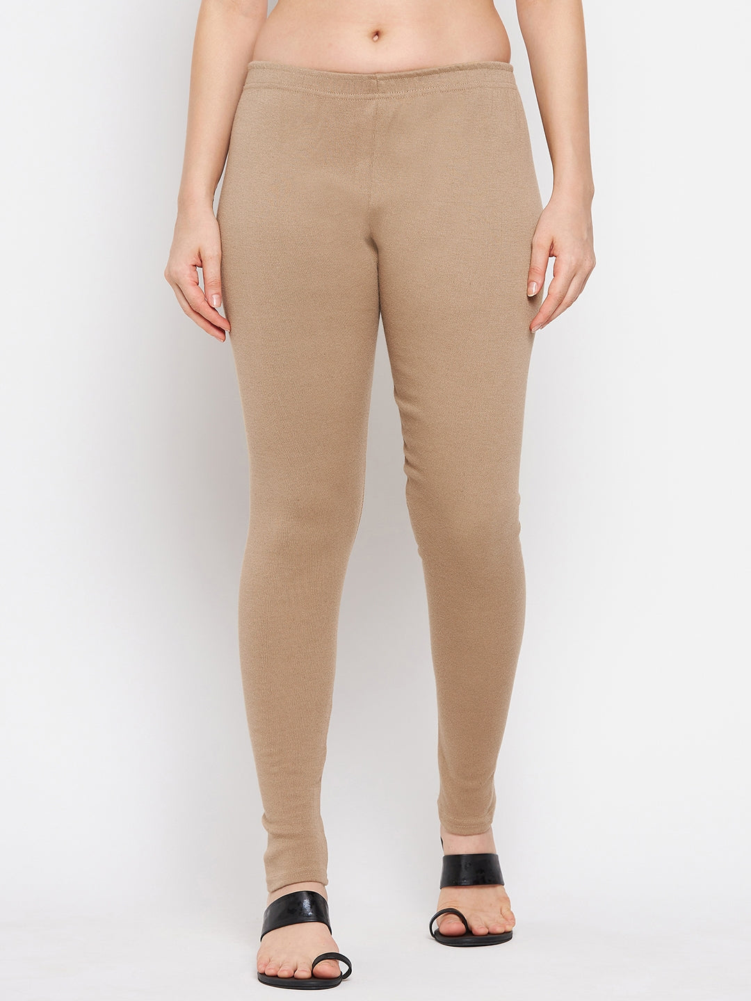 Dark Fawn Solid Woolen Leggings for women, comfortable and stylish for summer.