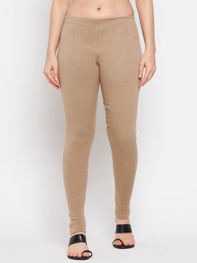 Dark Fawn Solid Woolen Leggings for women, comfortable and stylish for summer.