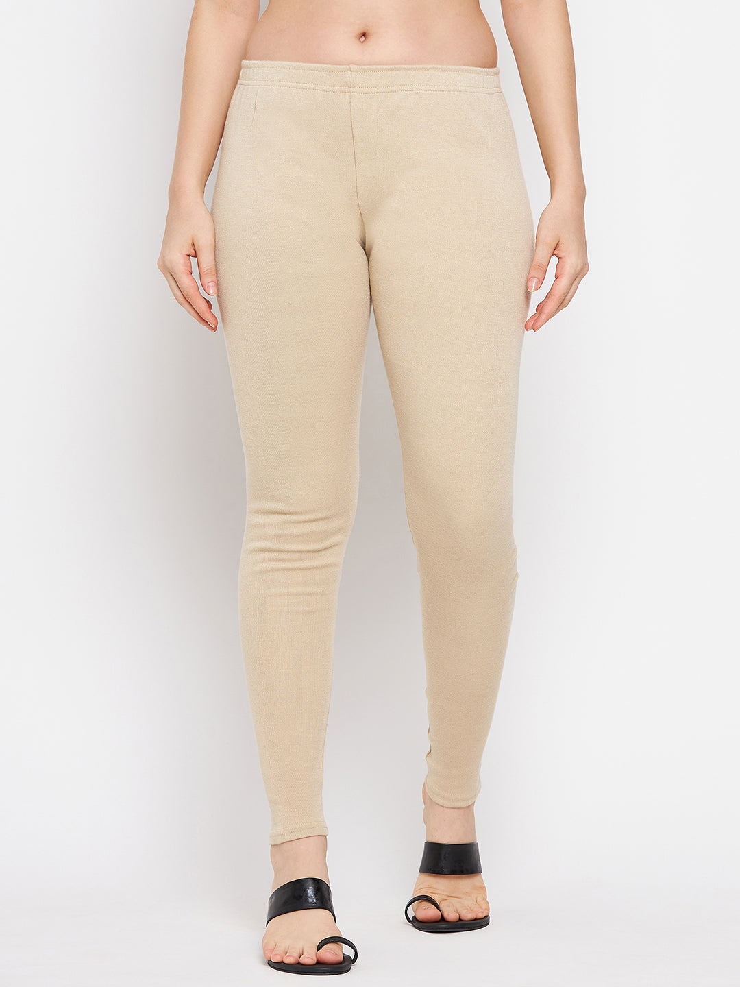 Light fawn solid woolen leggings for casual summer wardrobe.