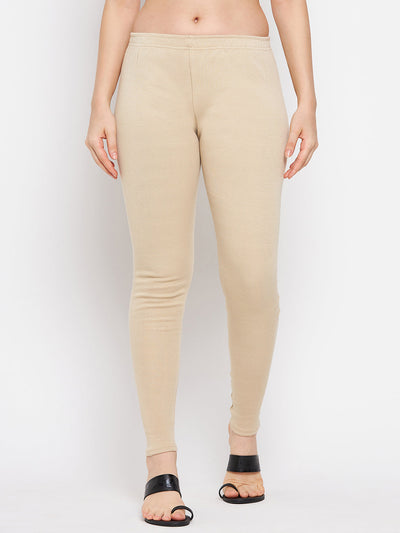 Light fawn solid woolen leggings for casual summer wardrobe.