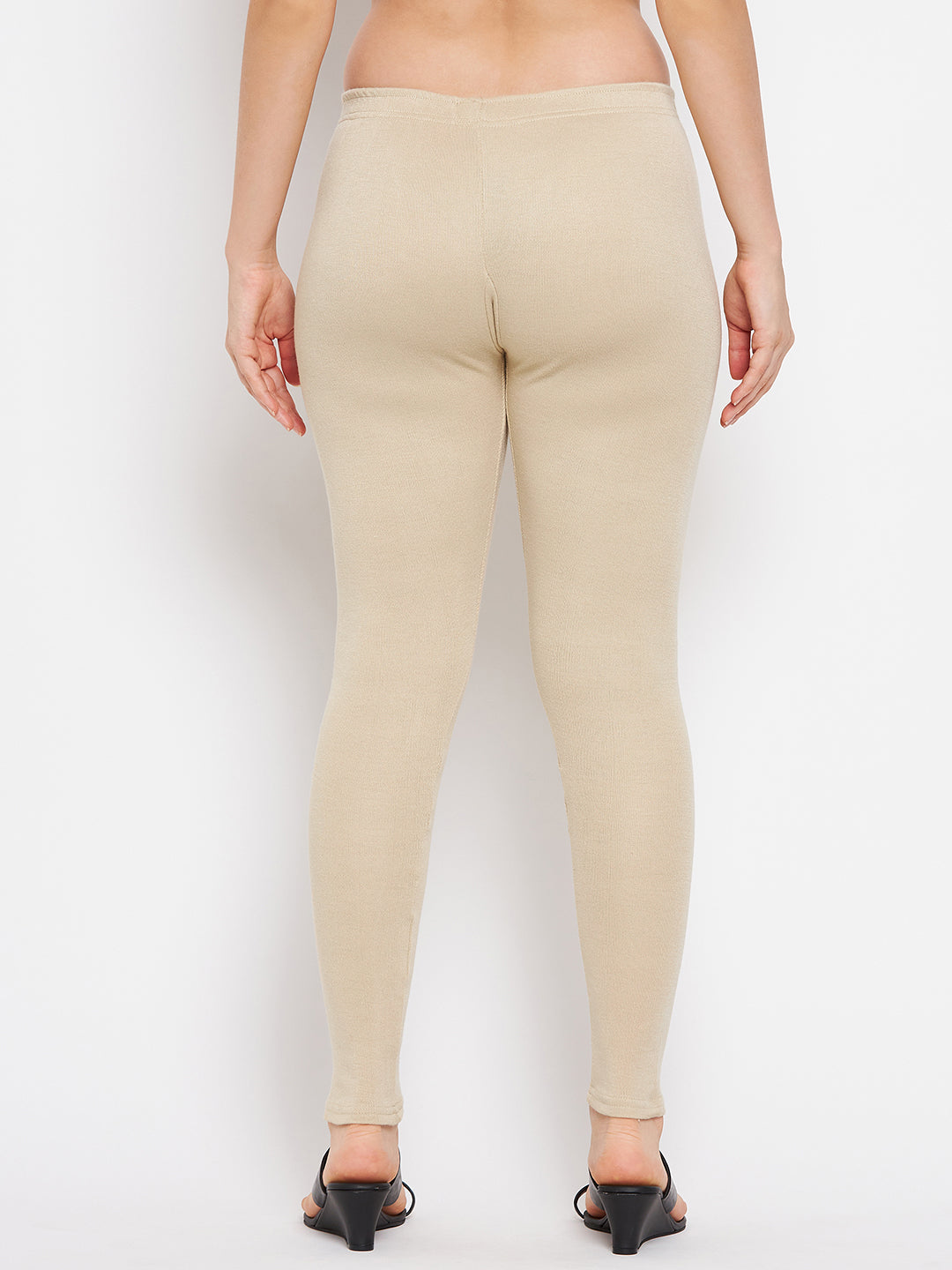 Light Fawn Solid Woolen Leggings, comfortable premium fabric, worn by model, back view.