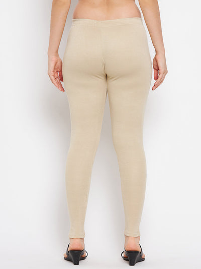 Light Fawn Solid Woolen Leggings, comfortable premium fabric, worn by model, back view.