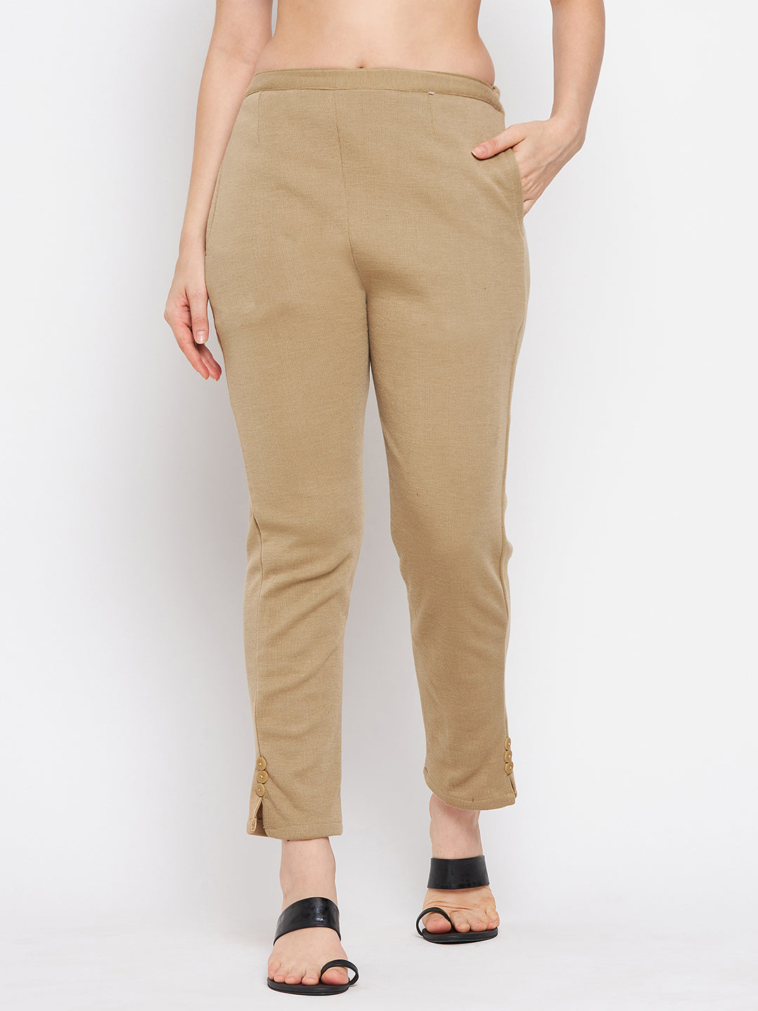 Clora Beige Solid Woolen Trouser