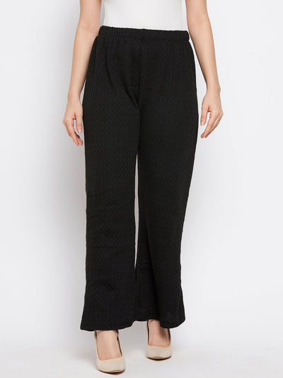 Black solid woolen palazzo for women, showcasing comfortable premium woolen fabric, perfect for casual summer wear.