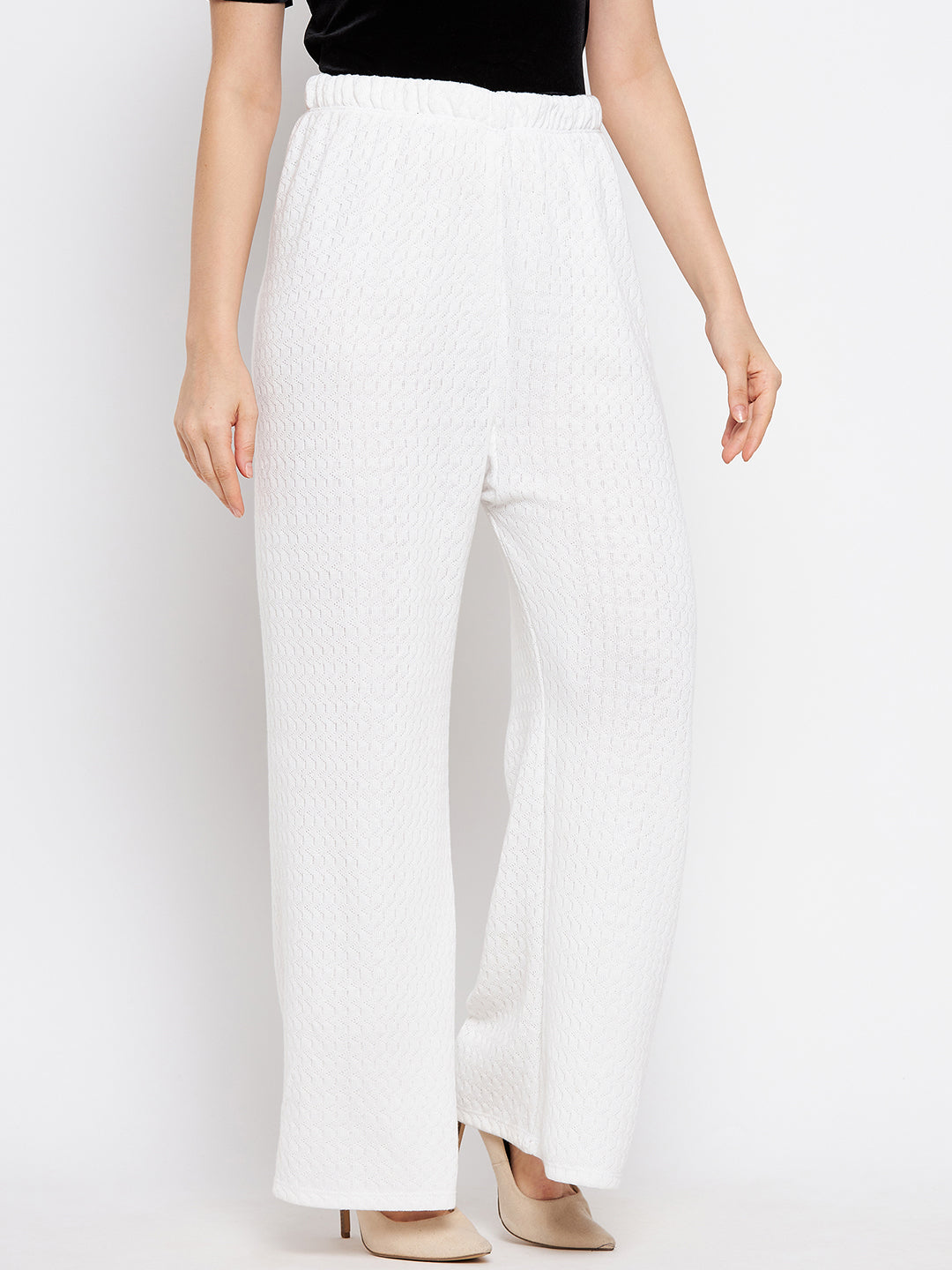 White solid woolen palazzo for women, comfortable and stylish.
