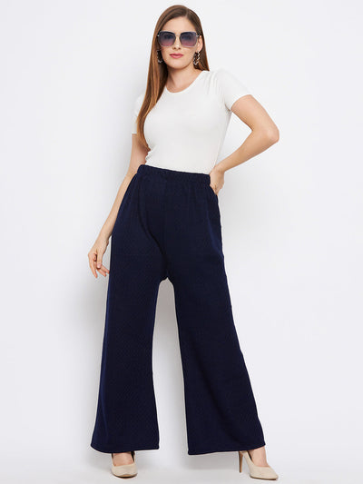 Navy Blue Solid Woolen Palazzo with a comfortable fit, styled with a white top and heels.