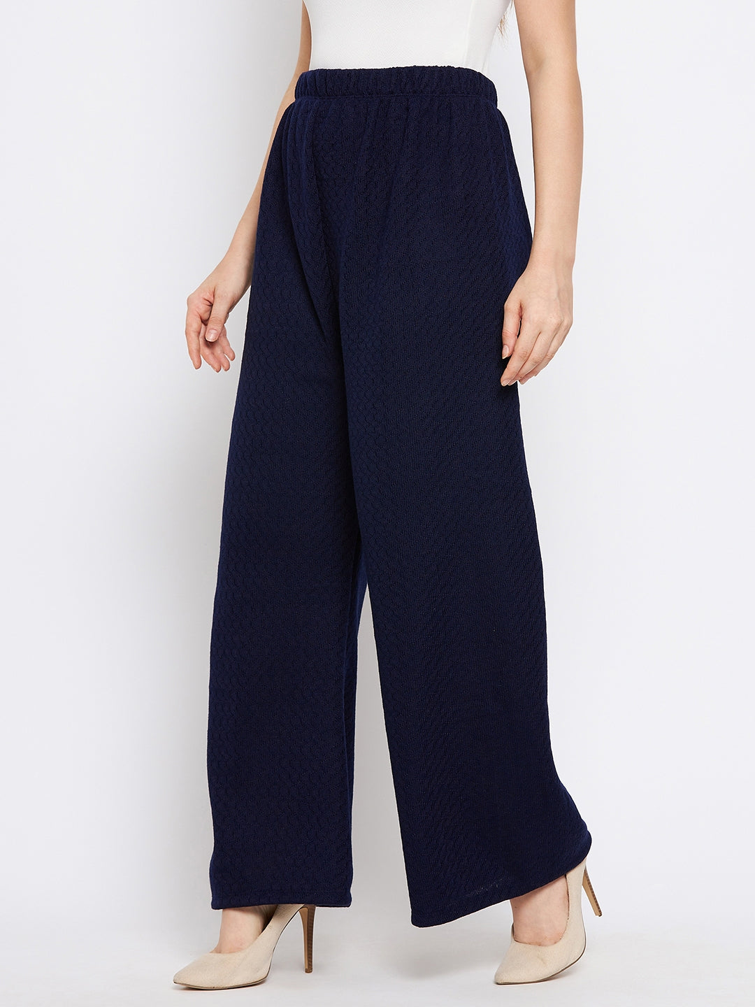Navy Blue Solid Woolen Palazzo for women, stylish and comfortable.