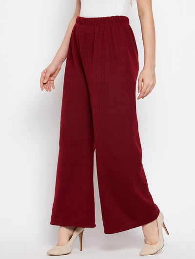 Maroon solid woolen palazzo for women, casual outfit.