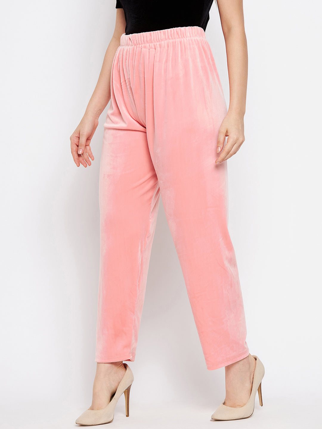 Baby pink solid velvet palazzo pants for women.