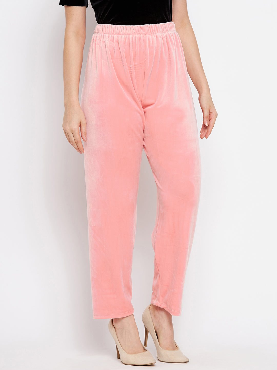 Baby Pink Solid Velvet Palazzo for casual wardrobe.