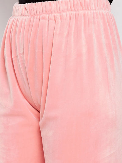 Baby Pink Solid Velvet Palazzo with elastic waistband and soft texture.