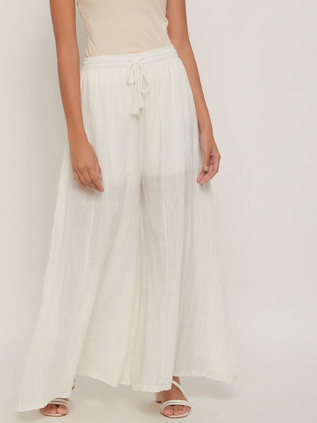 Clora White Striped Embellished Flared Palazzo