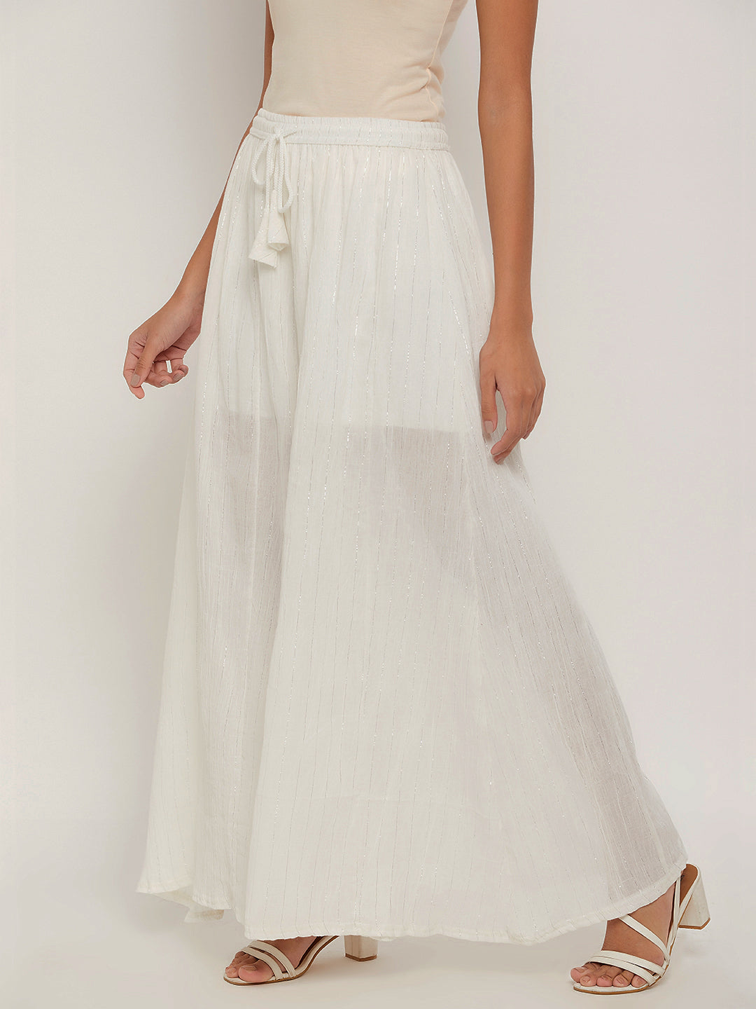Clora White Striped Embellished Flared Palazzo