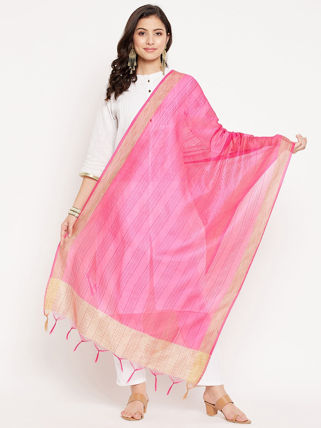 Magenta striped tissue silk dupatta with elegant ethnic design.