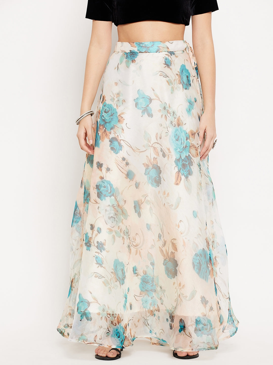 Clora White Floral Printed Organza Skirt