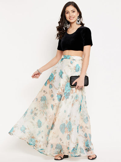 Clora White Floral Printed Organza Skirt