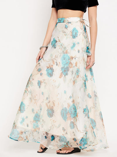Clora White Floral Printed Organza Skirt