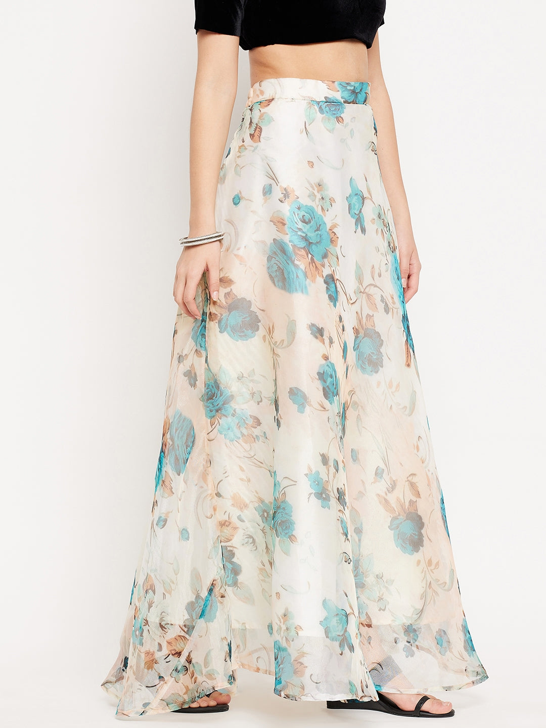 Clora White Floral Printed Organza Skirt