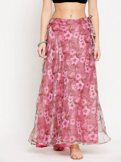 Clora Pink Floral Printed Organza Skirt
