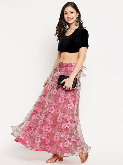 Clora Pink Floral Printed Organza Skirt