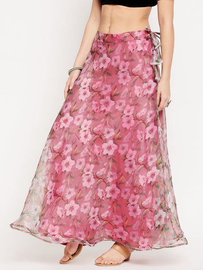 Clora Pink Floral Printed Organza Skirt