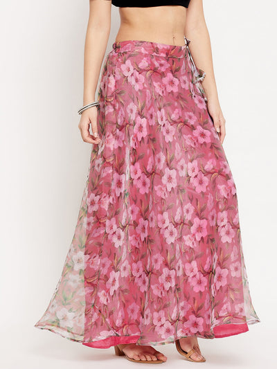 Clora Pink Floral Printed Organza Skirt