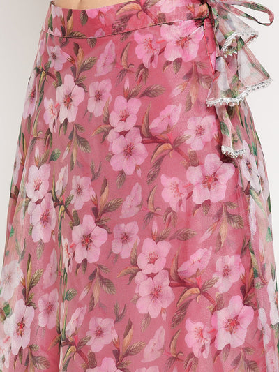 Clora Pink Floral Printed Organza Skirt