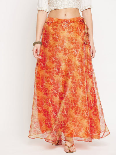 Orange floral printed organza maxi skirt with flared hem.