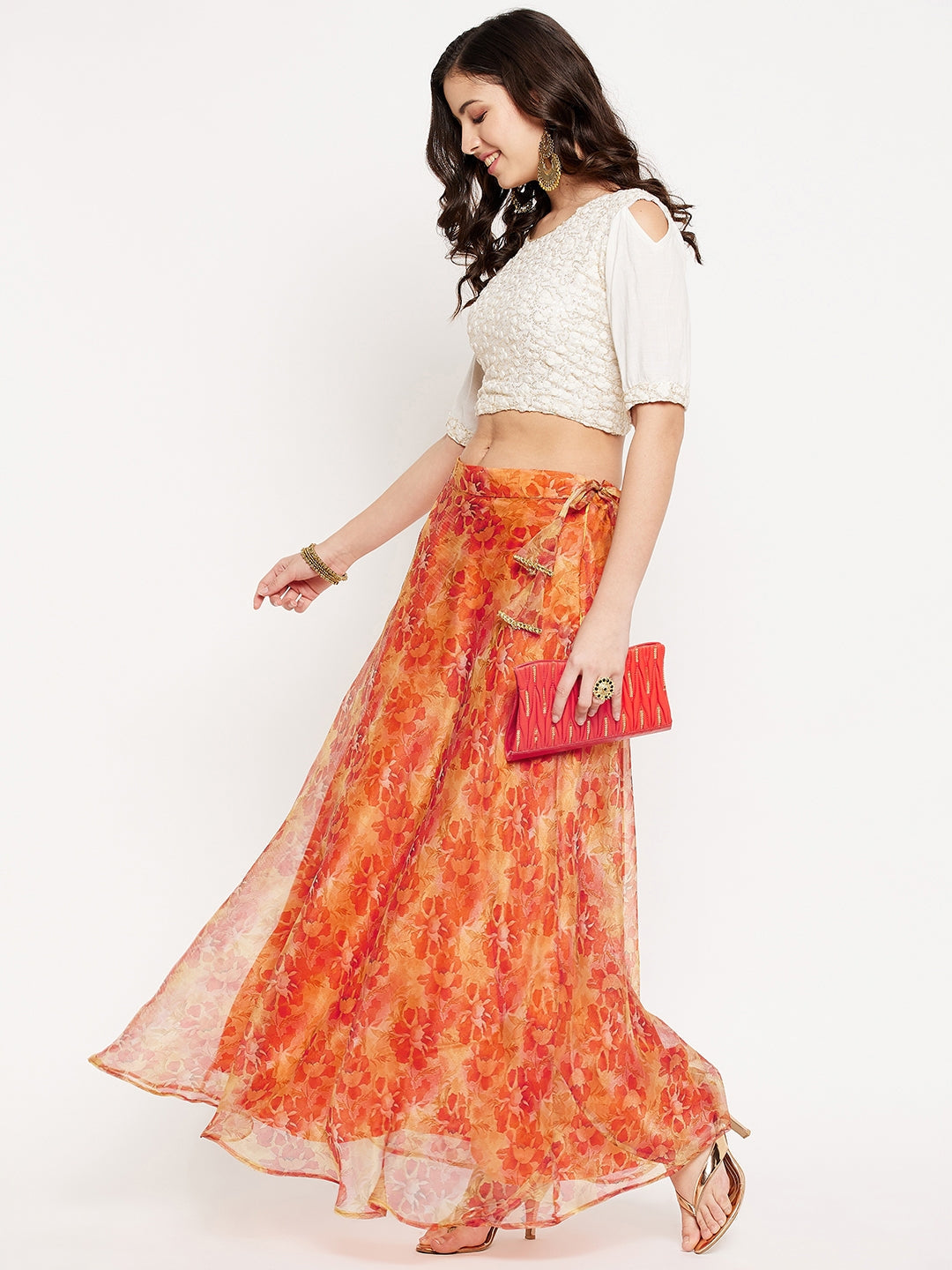 BuyClora Orange Floral Printed Organza SkirtOnline at Best Price