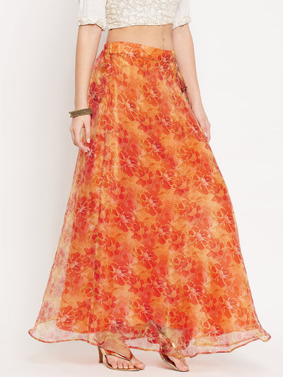 Orange floral printed organza skirt with flared hem and lining.