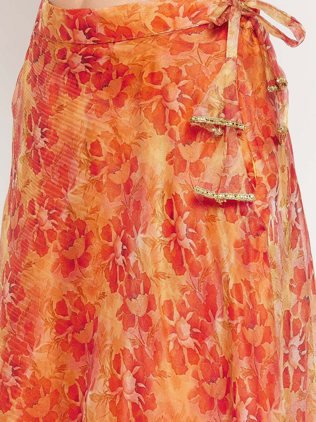 Orange floral printed organza skirt with flared hem and zip.