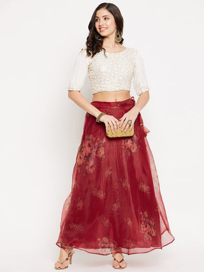 Clora Maroon Floral Printed Organza Skirt