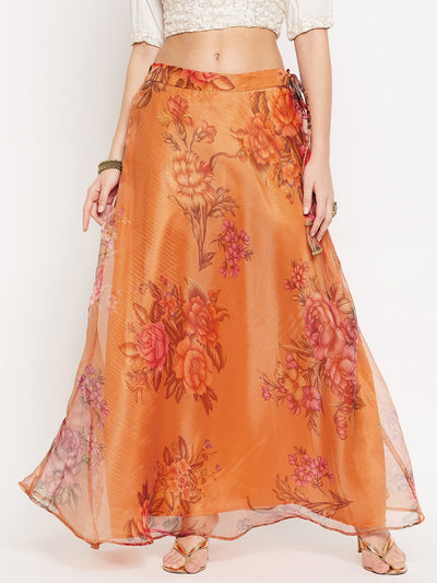 Clora Orange Floral Printed Organza Skirt