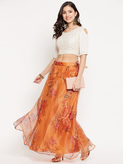 Clora Orange Floral Printed Organza Skirt
