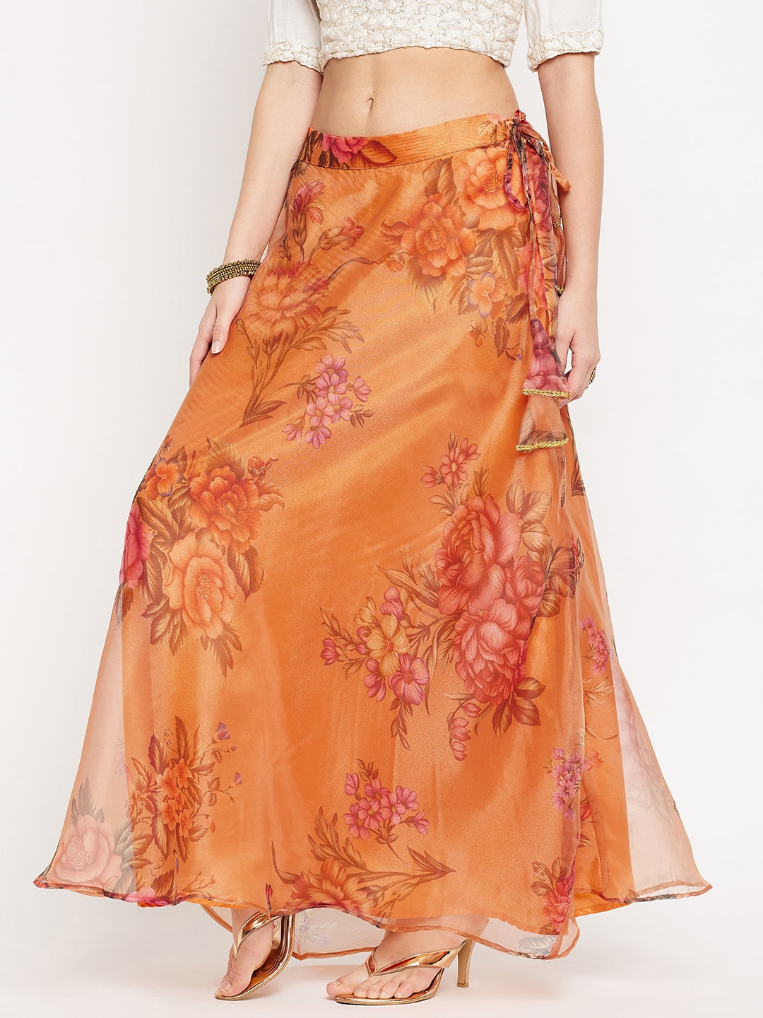 Clora Orange Floral Printed Organza Skirt