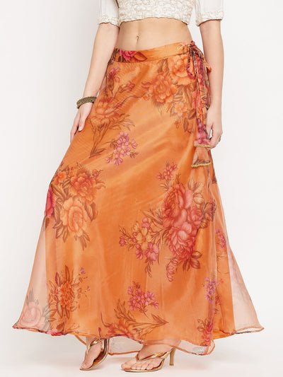 Clora Orange Floral Printed Organza Skirt