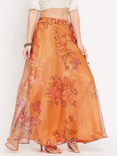 Clora Orange Floral Printed Organza Skirt