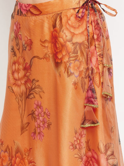 Clora Orange Floral Printed Organza Skirt