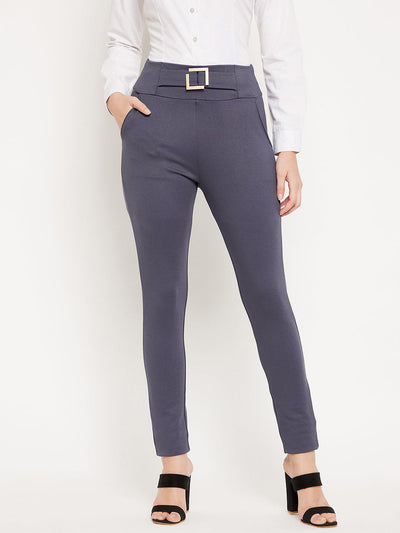 Grey regular fit jeggings for women in NR Roma fabric offering style and comfort.