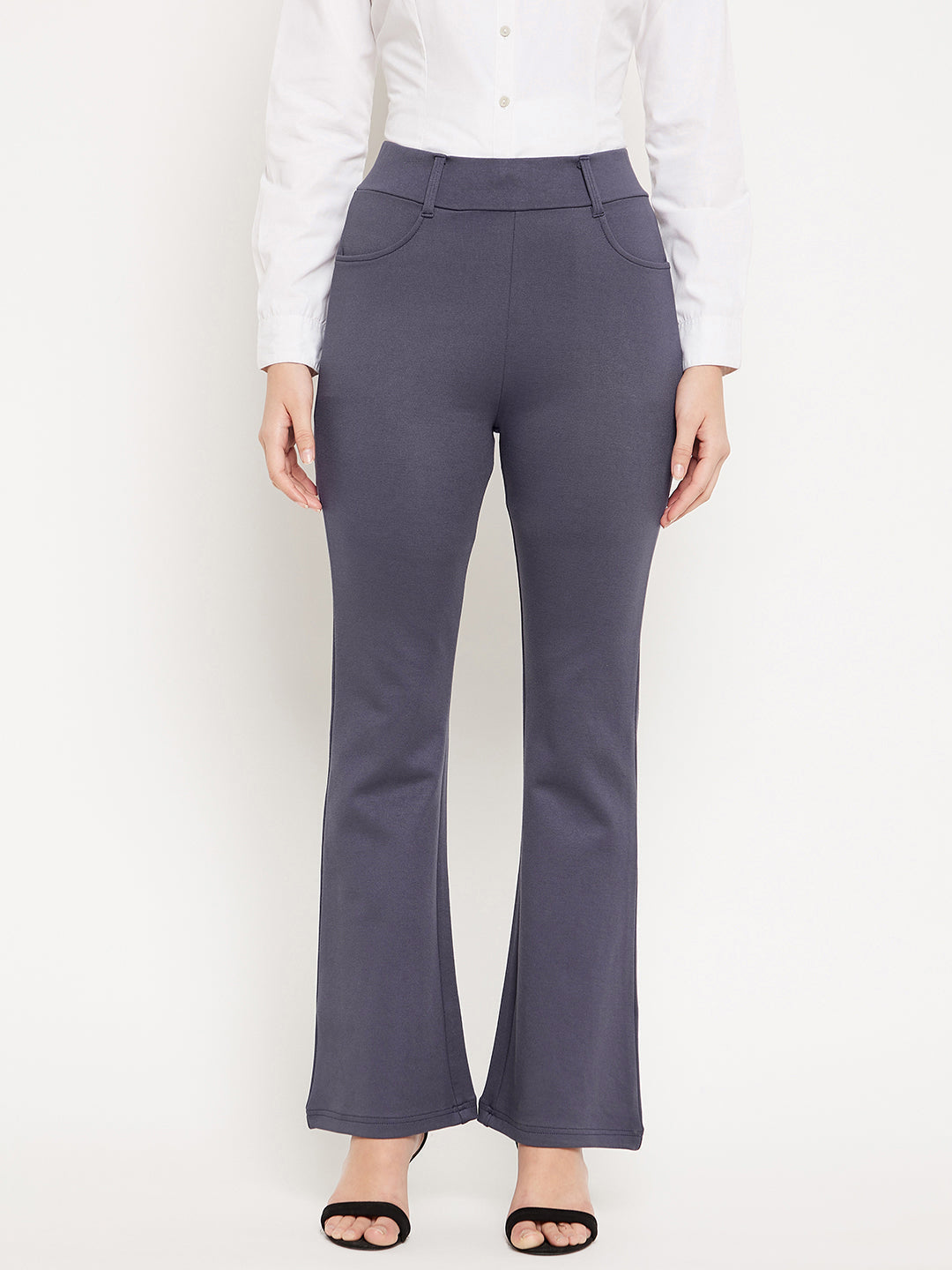 Grey solid bootcut jeggings made from NR Roma fabric for comfort and style.