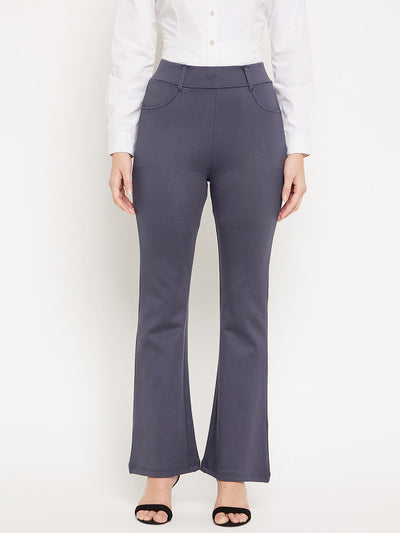 Grey solid bootcut jeggings made from NR Roma fabric for comfort and style.