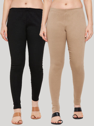 Black and dark fawn solid woolen leggings pack for women.