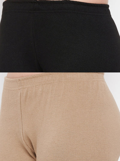 Black and dark fawn solid woolen leggings pack of 2.