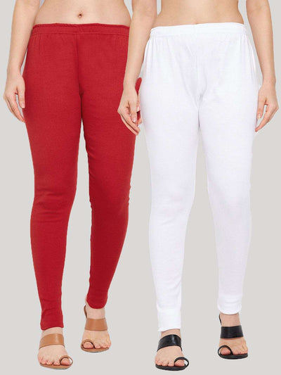 Red & white solid woolen leggings pack of 2 on display.