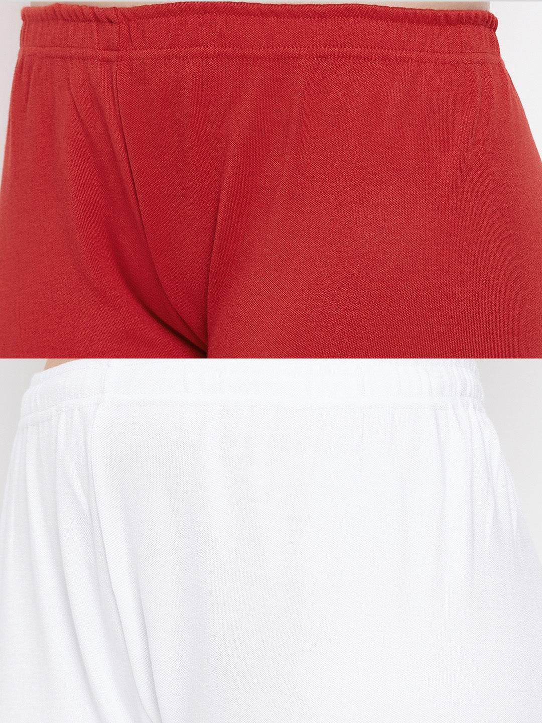 Red and white solid woolen leggings pack, featuring premium quality fabric for comfort.