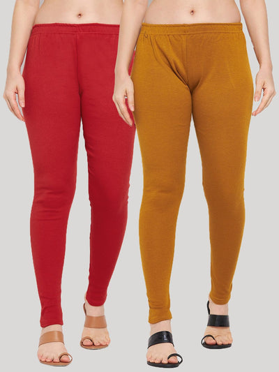 Red and mustard solid woolen leggings pack of 2 for women.