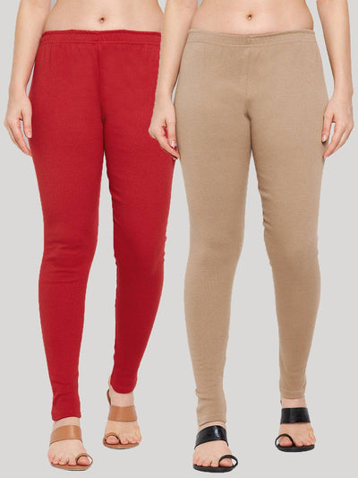 Clora Red & Dark Fawn Solid Woolen Leggings (Pack Of 2)