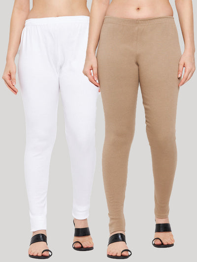 Clora White & Dark Fawn Solid Woolen Leggings (Pack Of 2)